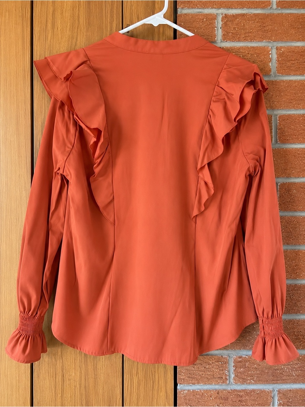 V-Neck Ruffle Button-Front Blouse - Burnt Orange - Picture 2 of 4